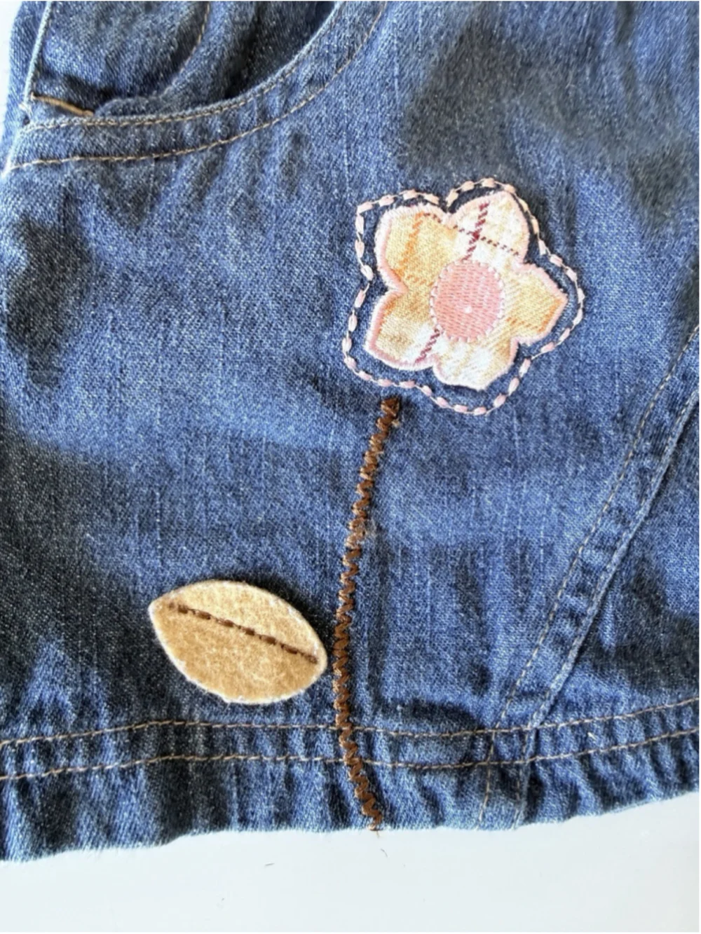 Vintage 90s Toddler Denim Jumper Dress Floral Appliqué Y2K Cotton Patchwork 18M